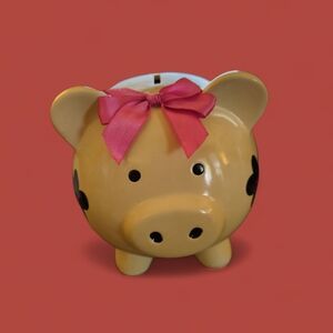 Yellow Piggy Bank with Pink Bow